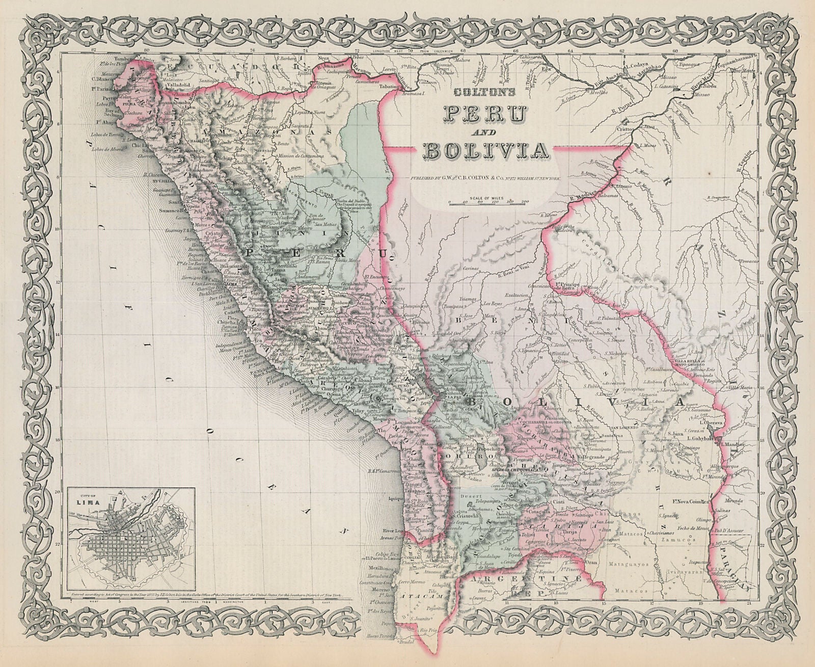 Colton's Peru and Bolivia w/ Litoral coast pre 1879 War. Lima plan 1869 map